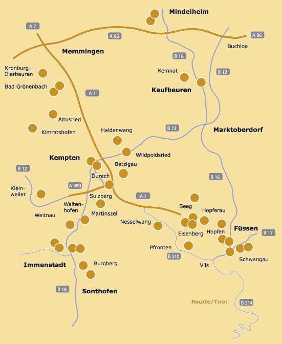 Übersichtskarte der Burgenregion Allgäu 2007 - 2013